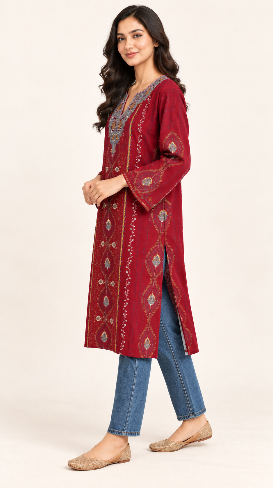 Maroon Sozni Work Pheran – Koshur Winter