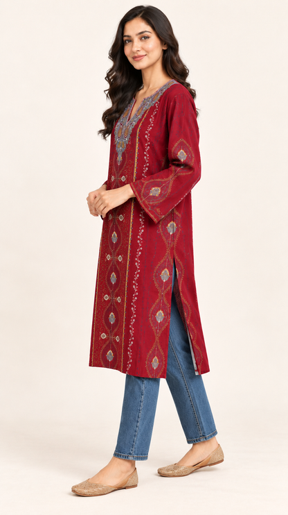 Maroon Sozni Work Pheran – Koshur Winter