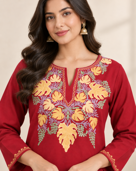 Crimson Aari work co-ord set — close-up of the embroidered neckline
