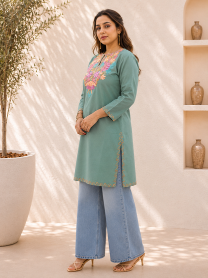 Handcrafted Aari Work Short Kurta in Sea Green Cotton