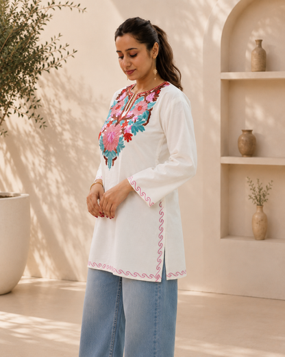 Aari Work Short Kurta in White Ruby Cotton