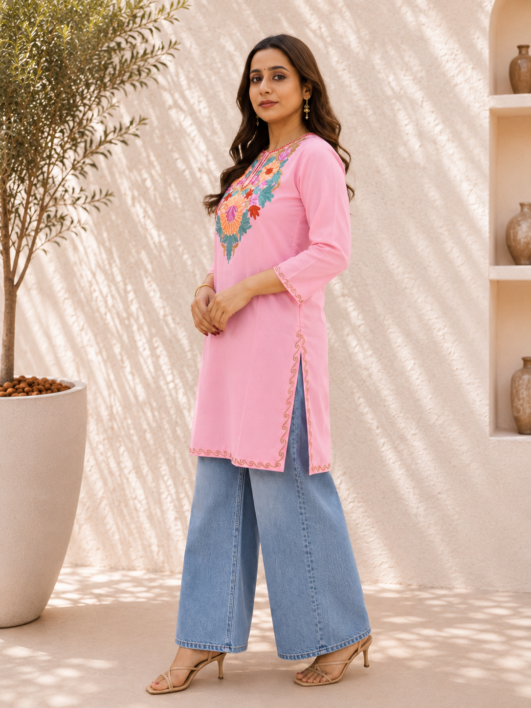 Aari Work Short Kurta in Pink Green Ruby Cotton