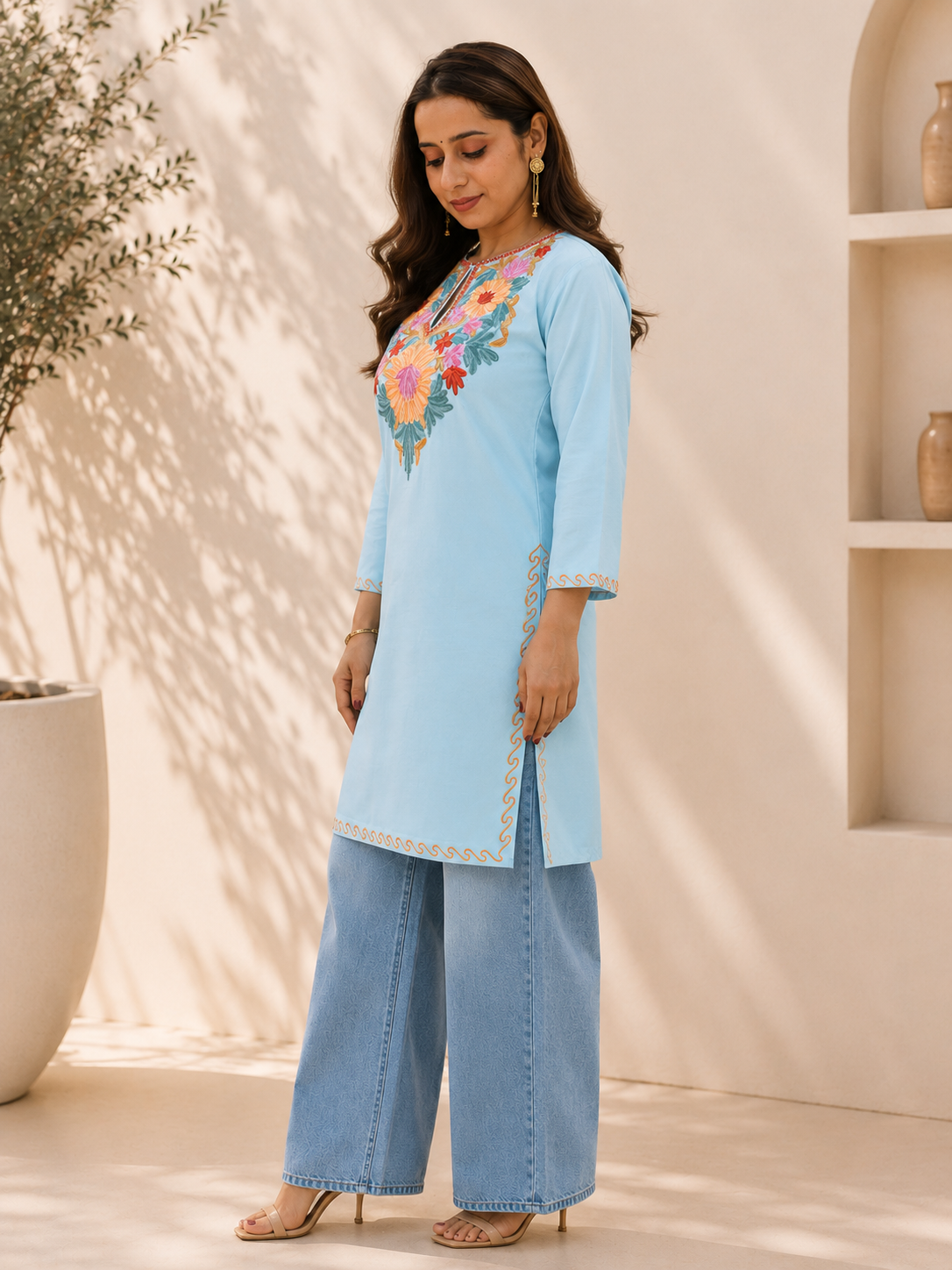 Aari Work Short Kurta in Handcrafted Sea Blue Cotton
