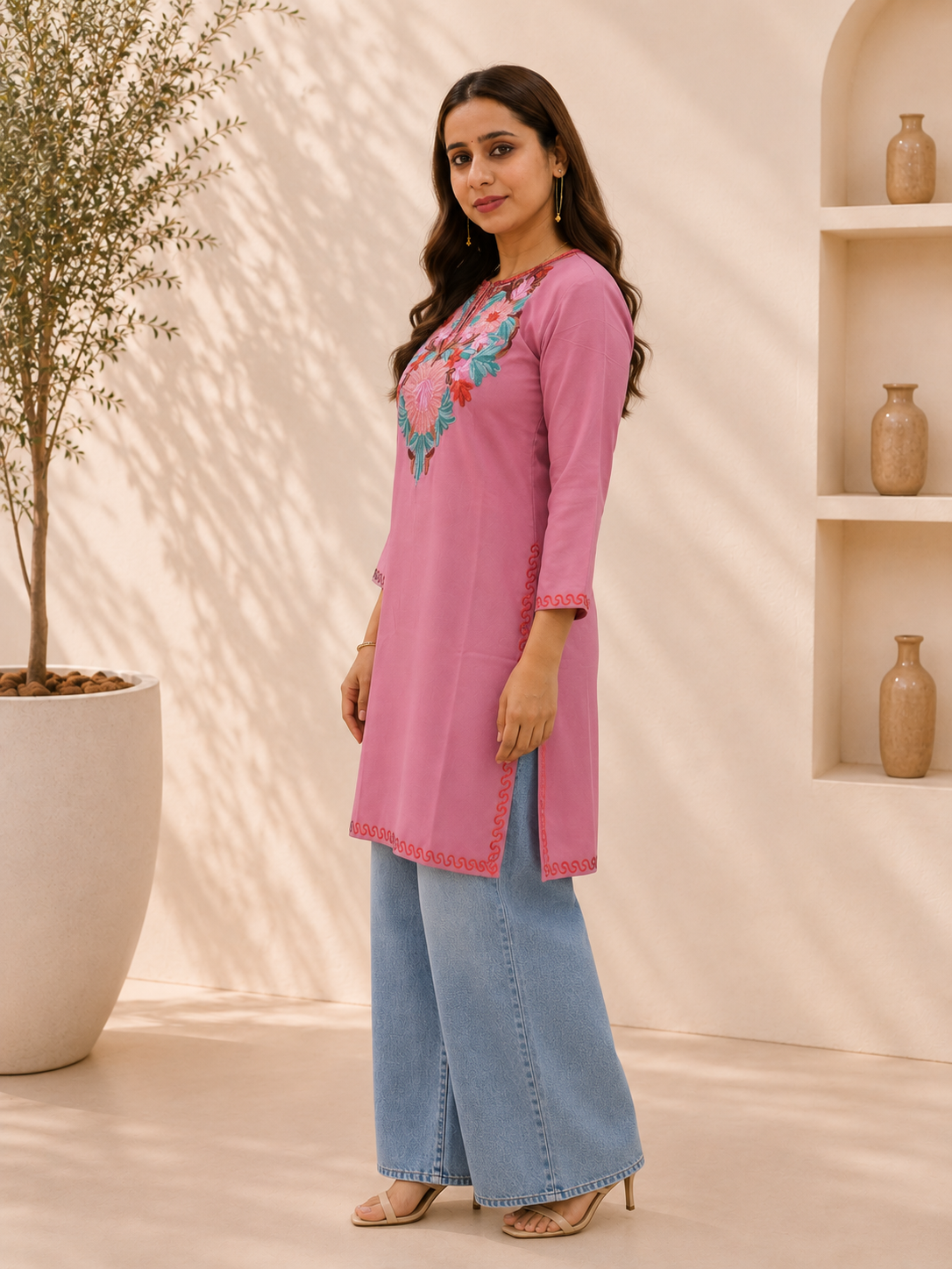 Dark Pink Aari Work Short Kurta in Ruby Cotton
