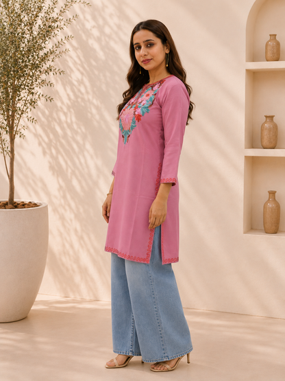 Dark Pink Aari Work Short Kurta in Ruby Cotton