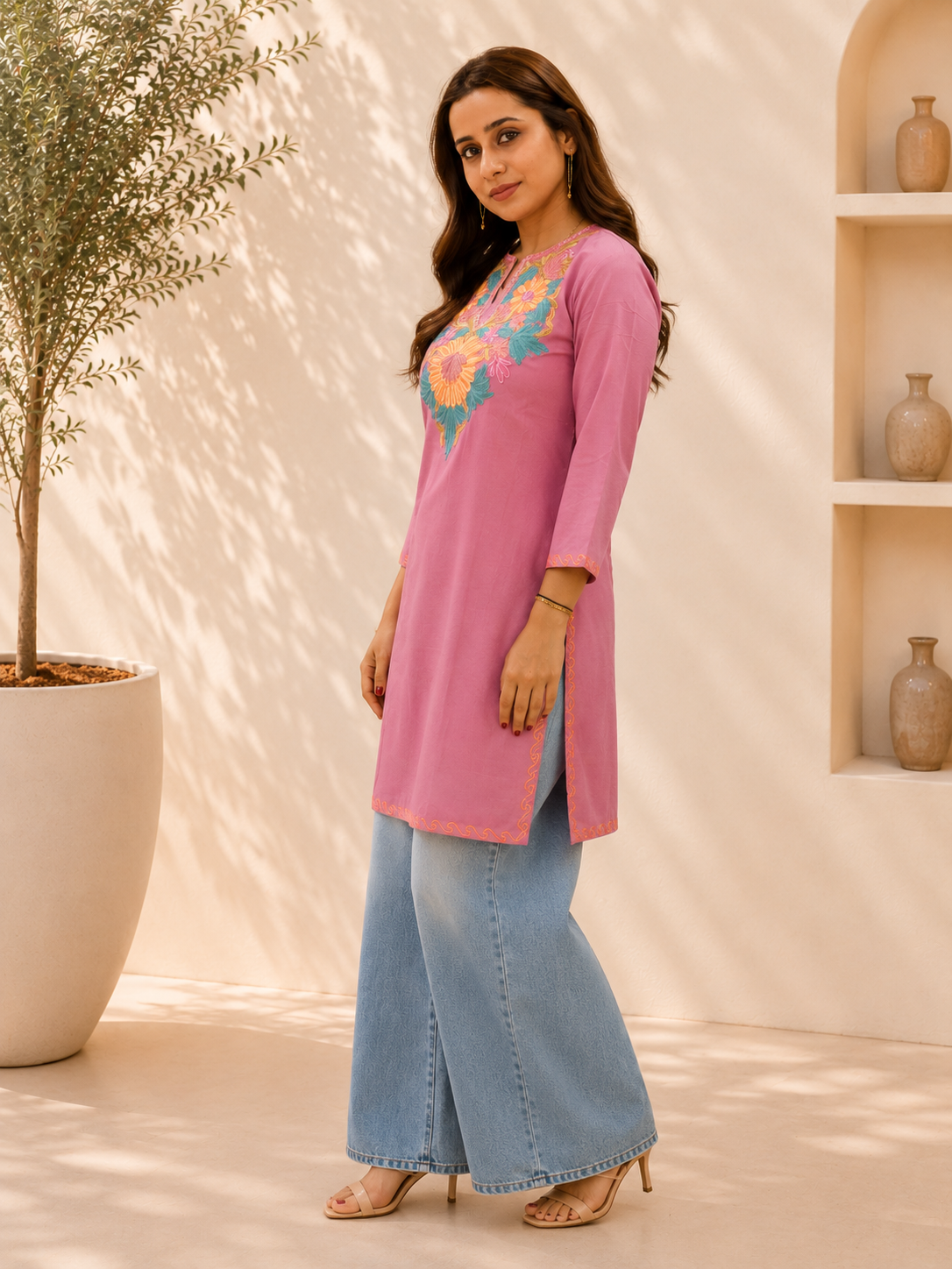 Aari Work Short Kurta in Dark Pink Orange Ruby Cotton