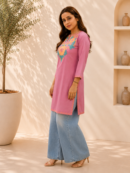 Aari Work Short Kurta in Dark Pink Orange Ruby Cotton