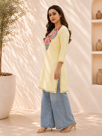 Aari Work Short Kurta in Light Yellow Ruby Cotton