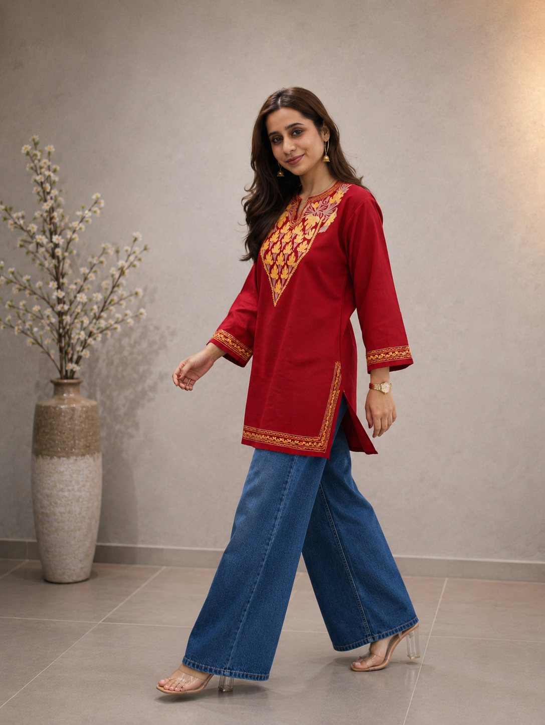 Aari Work Short Kurti in Red Yellow Ruby Cotton
