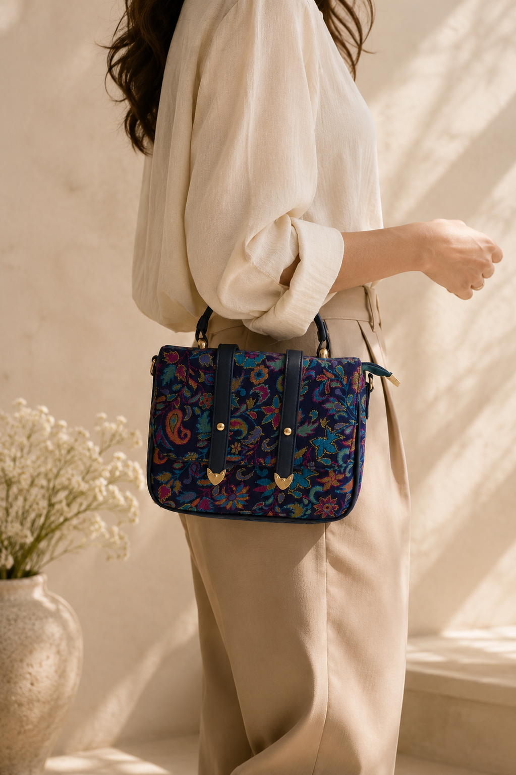 Kalamkari Double Belt Handbag in Navy Blue