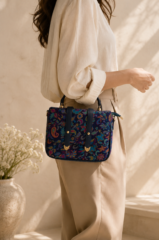 Kalamkari Double Belt Handbag in Navy Blue