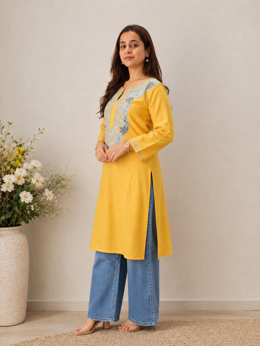 Aari Work Long Kurti in Radiant Yellow Ruby Cotton