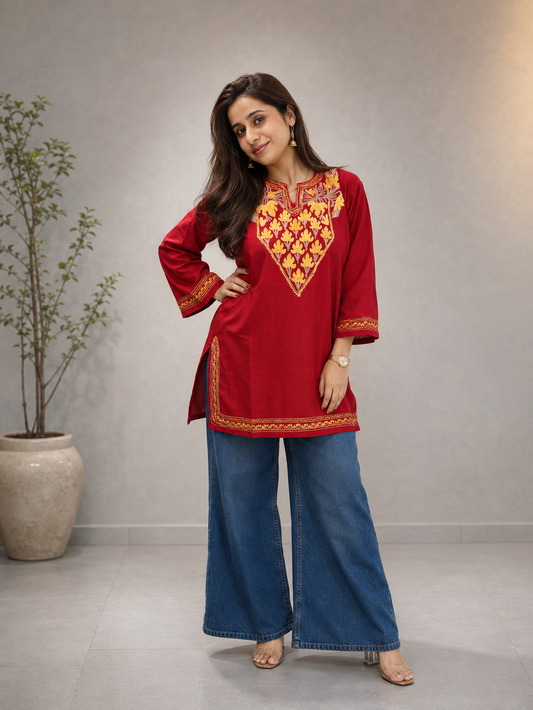 Aari Work Short Kurti in Red Yellow Ruby Cotton