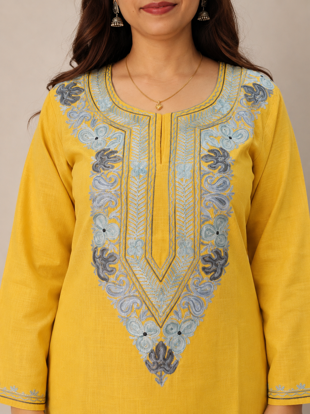 Aari Work Long Kurti in Radiant Yellow Ruby Cotton