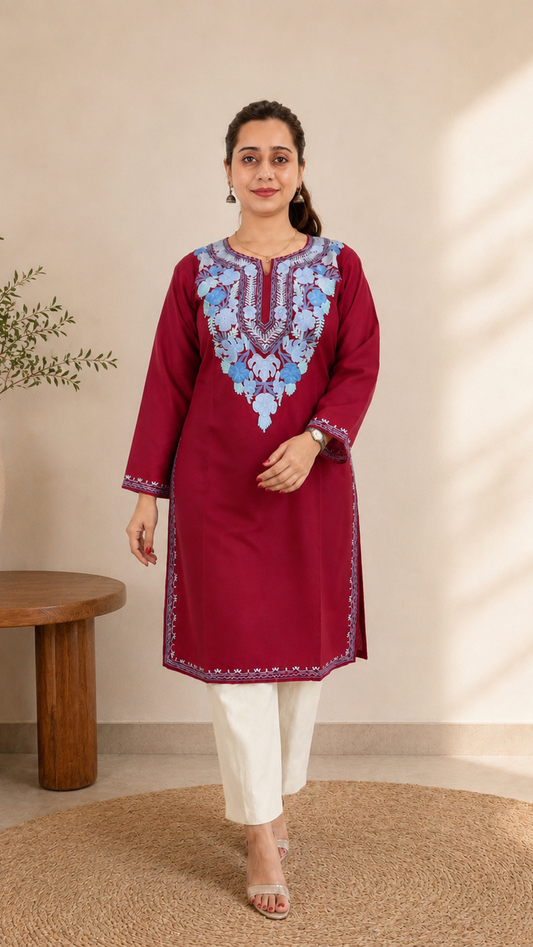 Aari Work Long Kurti in Dark Red Ruby Cotton
