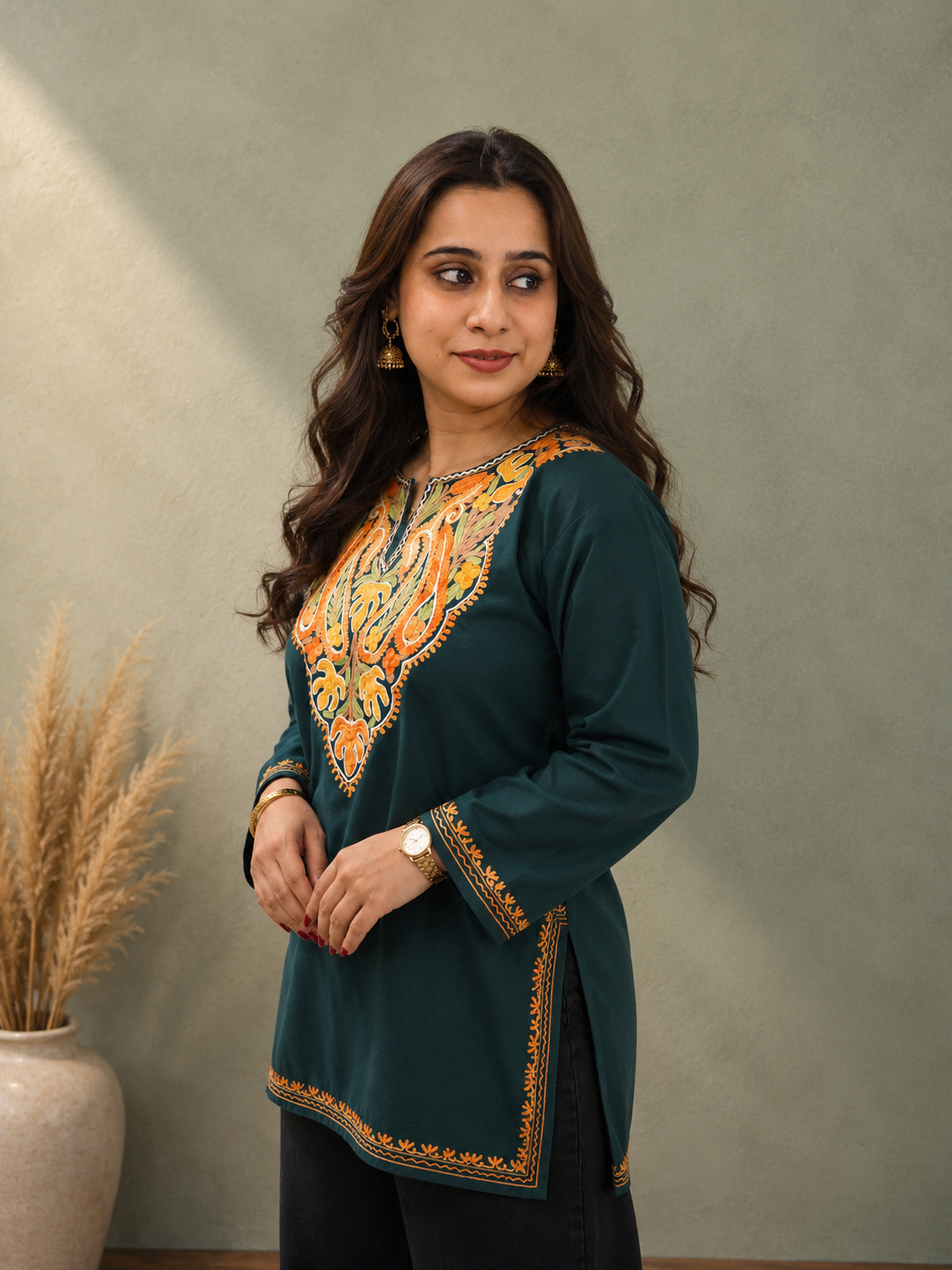 Aari Work Short Kurti in Dark Green Ruby Cotton