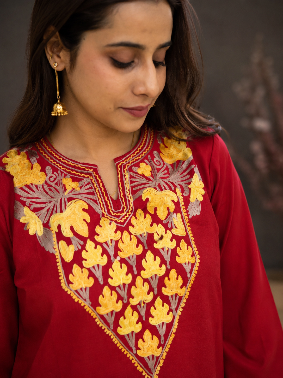 Aari Work Short Kurti in Red Yellow Ruby Cotton