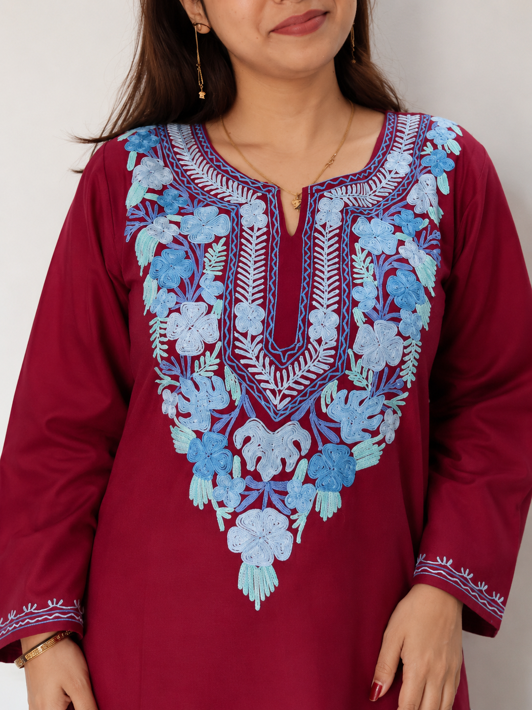 Aari Work Long Kurti in Dark Red Ruby Cotton