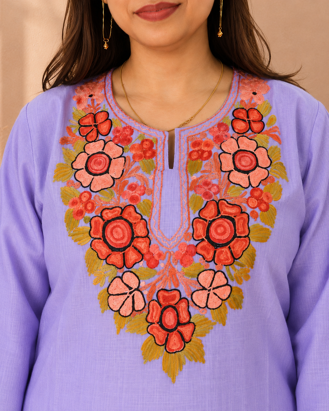 Lavender Aari Work Long Kurti in Ruby Cotton