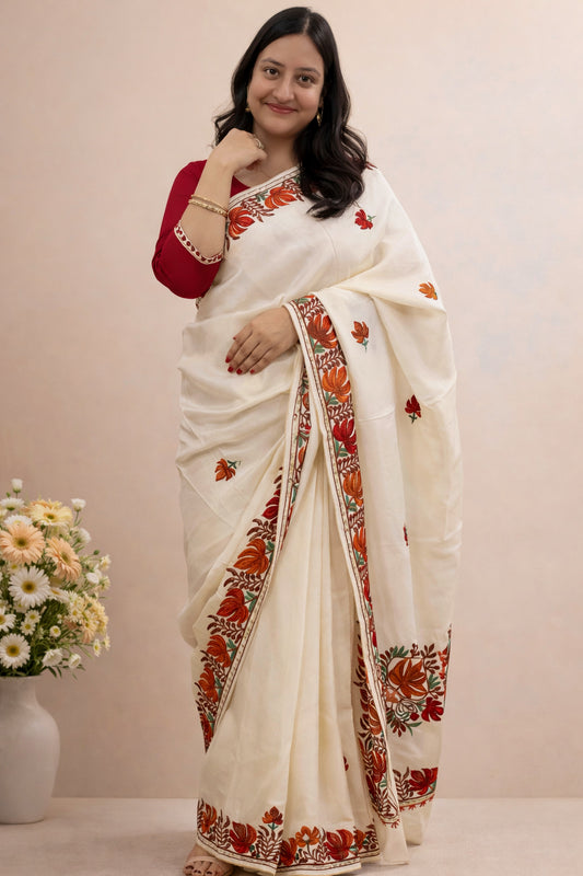 Silk Cream Kashmiri Aari Work Saree