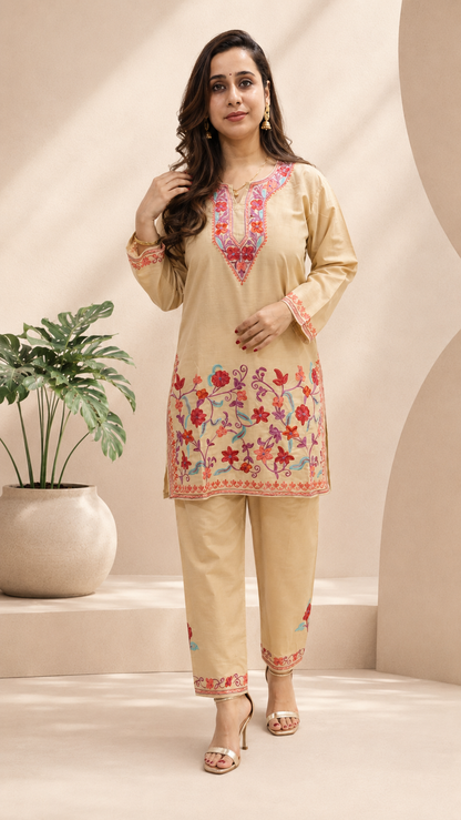 Beige Ruby Cotton Jali Daman Aari Work Cord Set