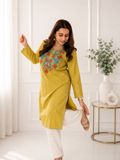 Aari Work Long Kurti in Light Green Ruby Cotton