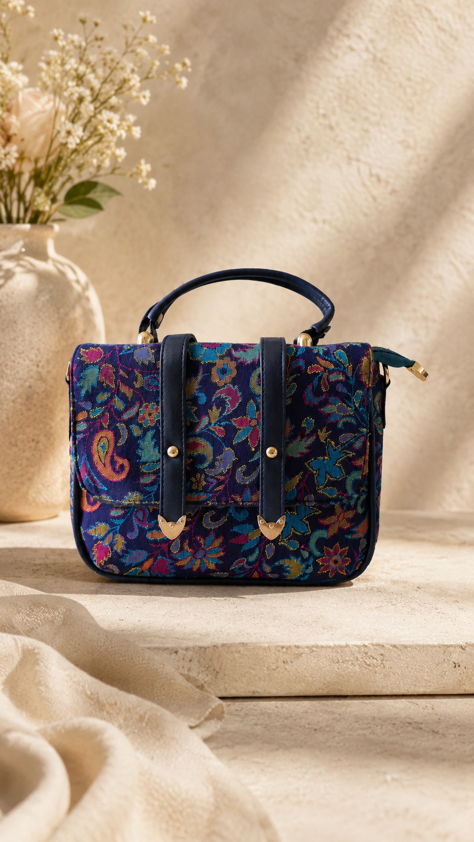 Kalamkari Double Belt Handbag in Navy Blue
