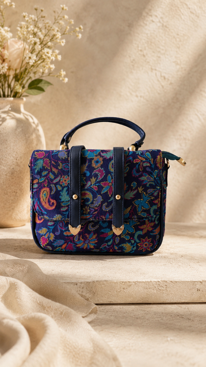 Kalamkari Double Belt Handbag in Navy Blue