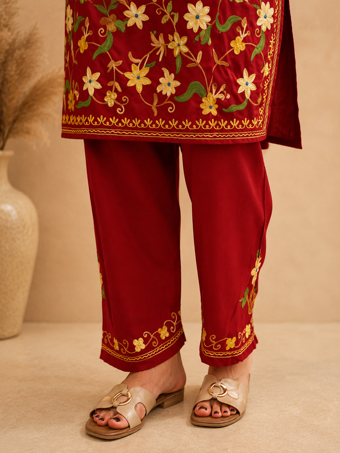 Jali Daman Aari Work Cord Set in Ruby Cotton