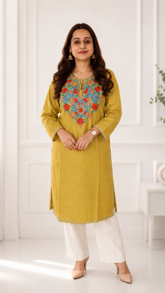 Aari Work Long Kurti in Light Green Ruby Cotton