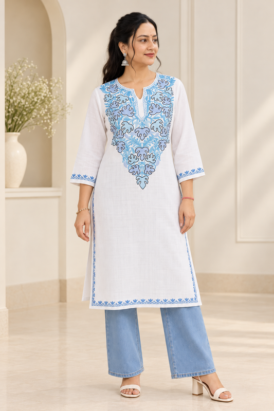 White Aari Work Long Kurti – Summer Tops