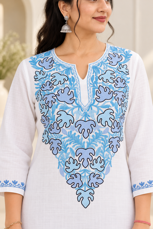 White Aari Work Long Kurti – Summer Tops