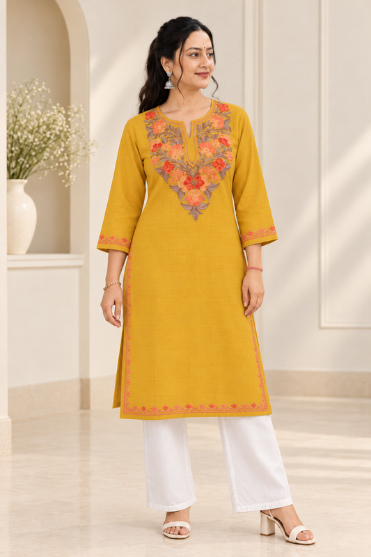 Mustard Aari Work Long Kurti – Summer Tops