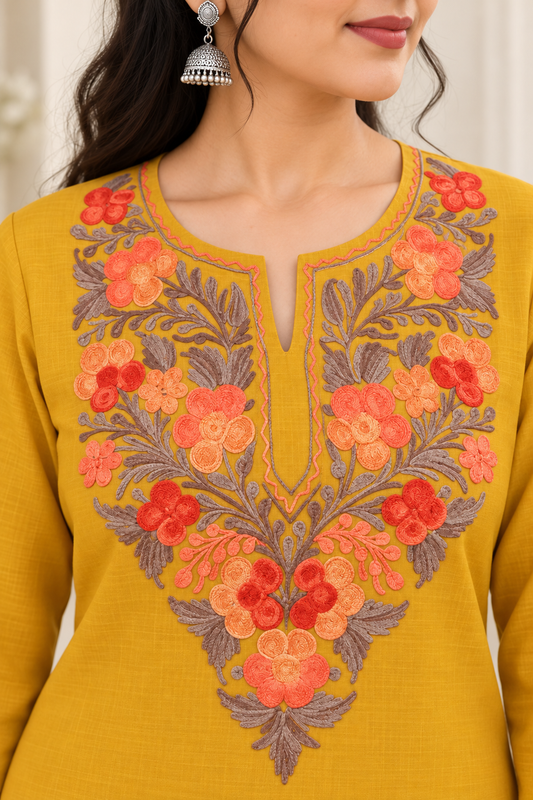 Mustard Aari Work Long Kurti – Summer Tops