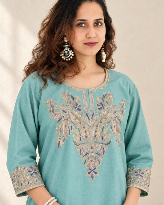 Gulnaar Pista Tilla Embroidered Cashmilon Co-ord Set