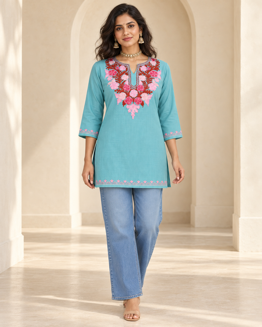 Sea Green Aari Work Short Kurti – Summer Tops