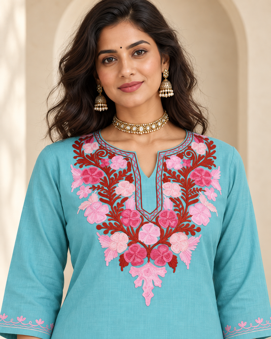 Sea Green Aari Work Short Kurti – Summer Tops