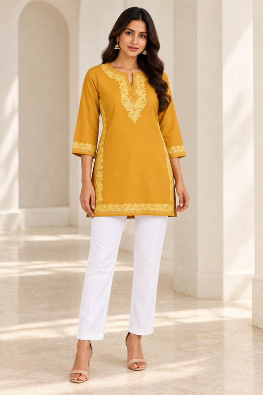 Mustard Yellow Aari Work Short Kurti – Summer Tops