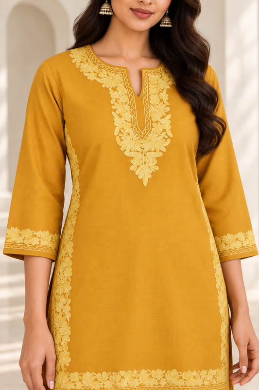Mustard Yellow Aari Work Short Kurti – Summer Tops