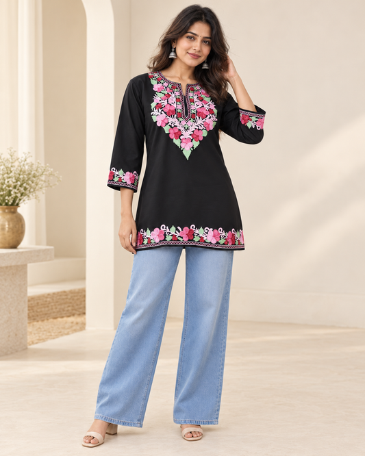 Black Pink Aari Work Short Kurti – Summer Tops