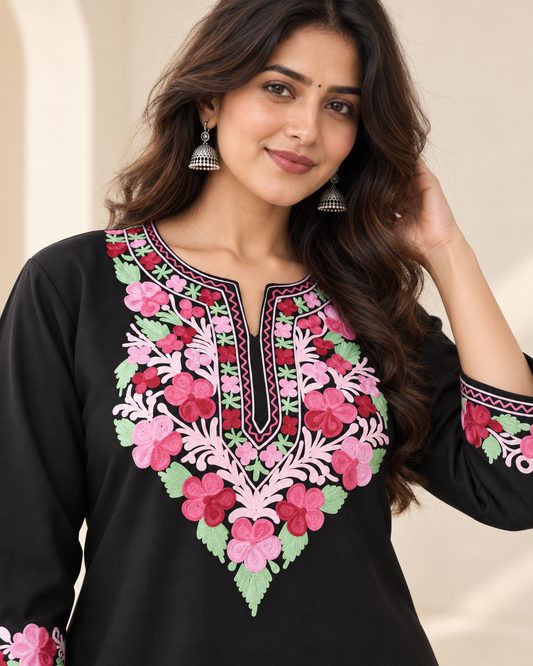 Black Pink Aari Work Short Kurti – Summer Tops