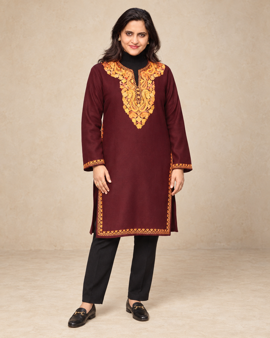 Wine Winter Long Kurti with Aari Embroidery