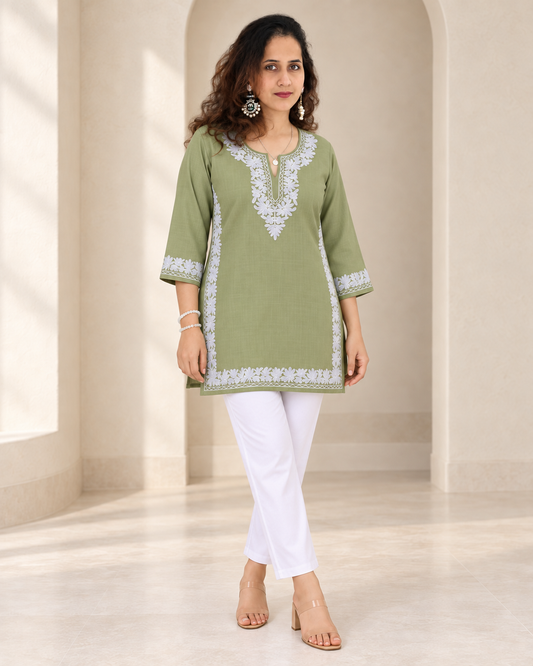 Olive Blue Aari Work Short Kurti – Summer Tops