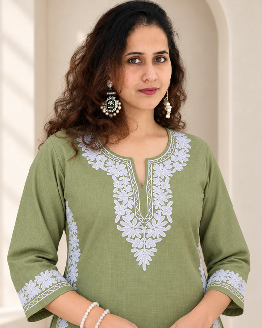 Olive Blue Aari Work Short Kurti – Summer Tops