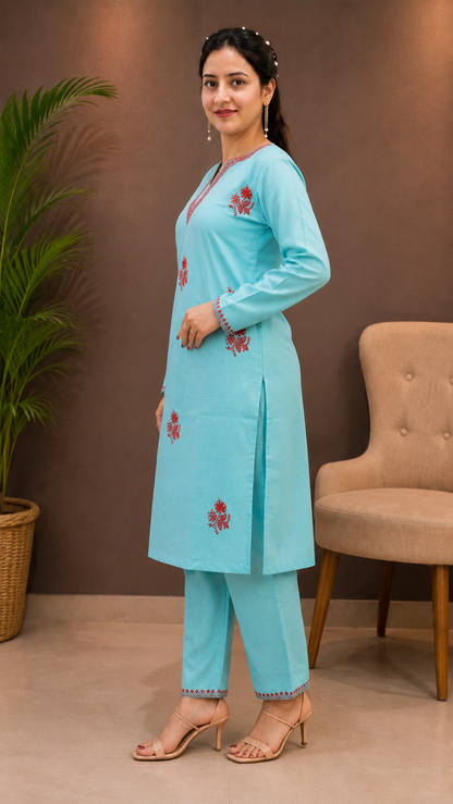 Sozni Handwork Cord Set in Sea Green Ruby Cotton