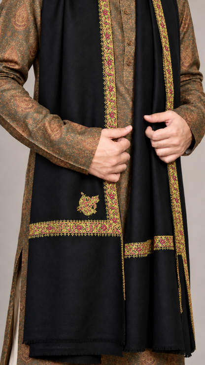Black Sozni semi pashmina shawl — detail of the embroidery