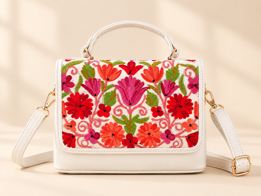 White Aari Work Top Handle Handbag