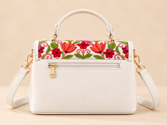 White Aari Work Top Handle Handbag