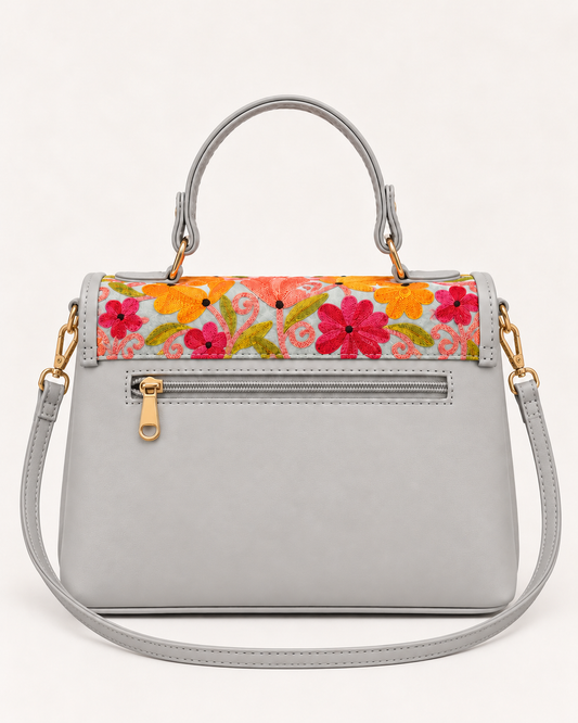 Silver Grey Aari Work Top Handle Handbag
