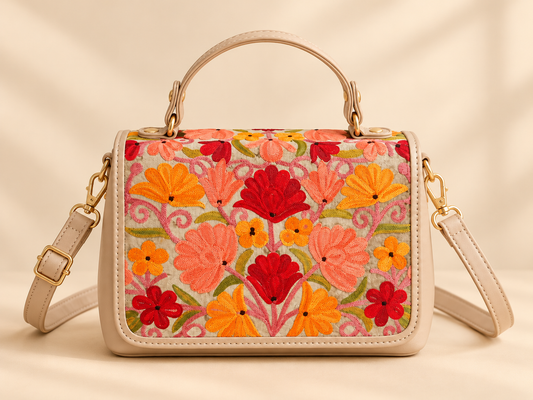 Beige Aari Work Top Handle Handbag